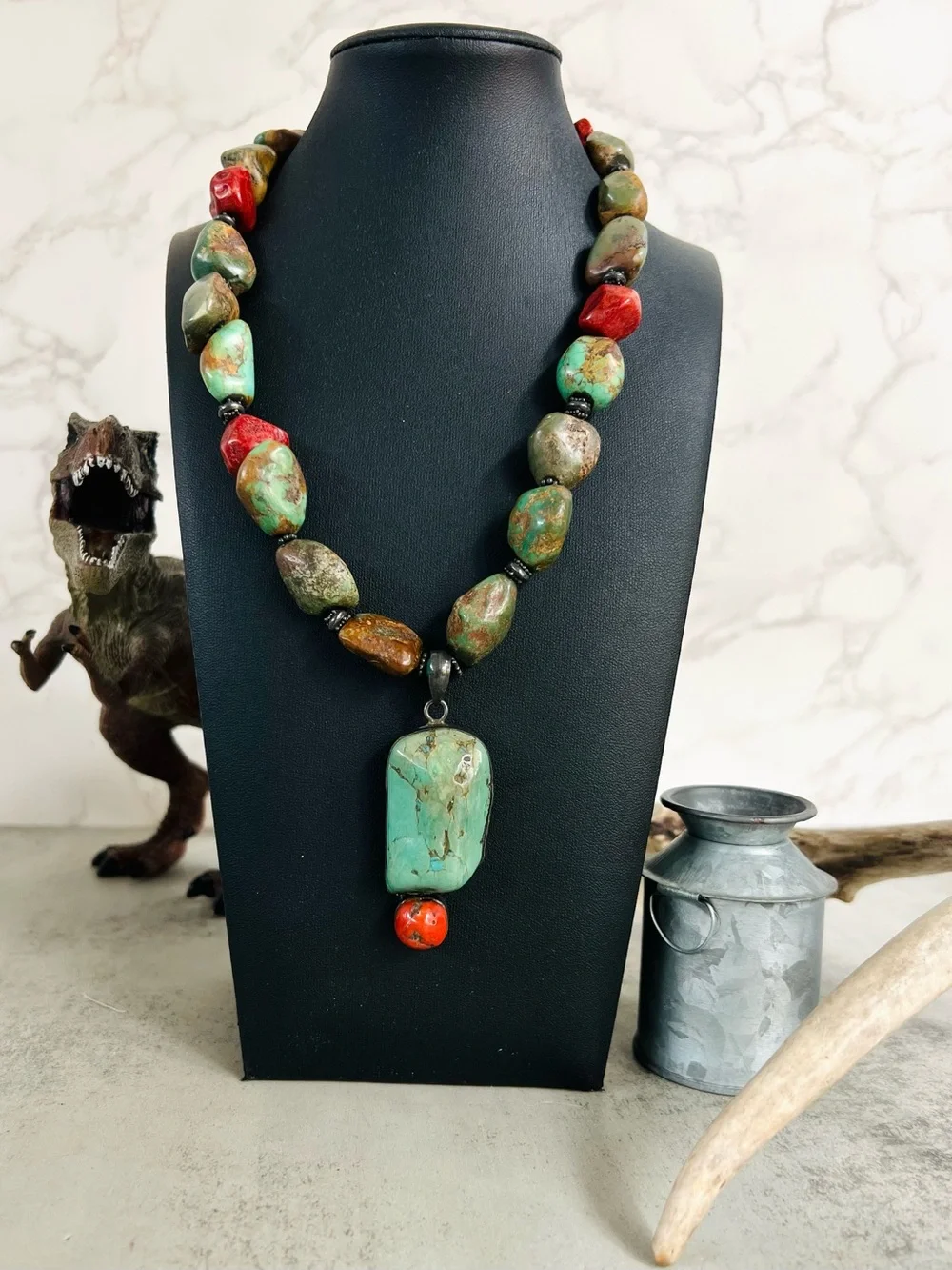 Paige Wallace for Marushka Sterling Coral Turquoise Pendant Necklace 19in